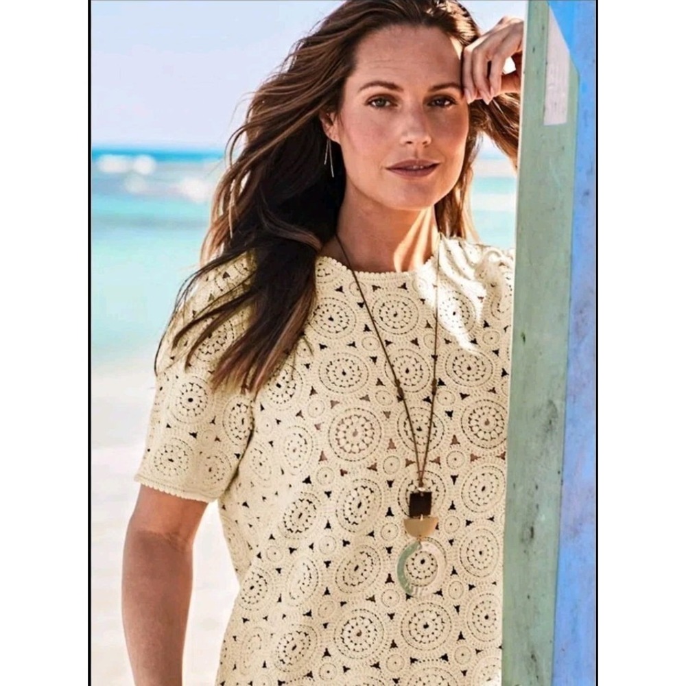 J. Jill Cream Crochet Lace Top Boho Chic Cottagecore 100% Cotton Blouse Coastal